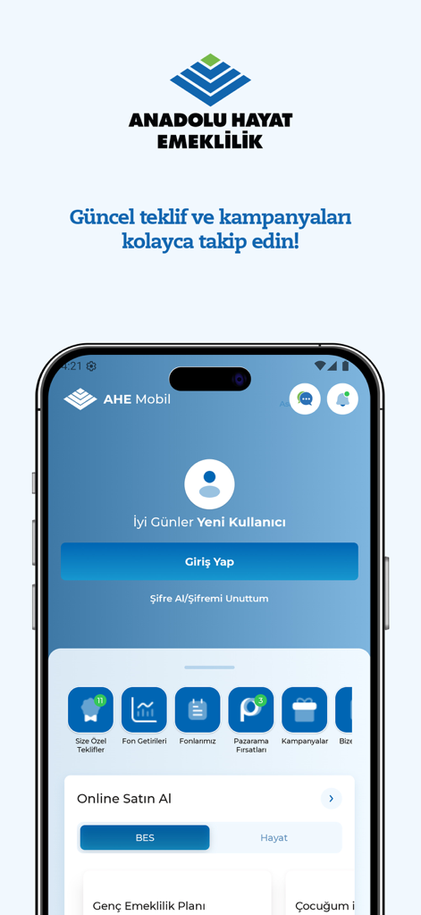 Welcome screen of the AHE Mobil app for Turkish pension and life insurance management