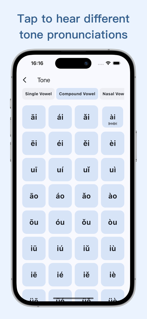 PinHSK - Pinyin & HSK Vocab - Interaktive Pinyin-Tabelle in der PinHSK-App, die verschiedene chinesische Vokal- und Tonkombinationen für Ausspracheübungen zeigt.