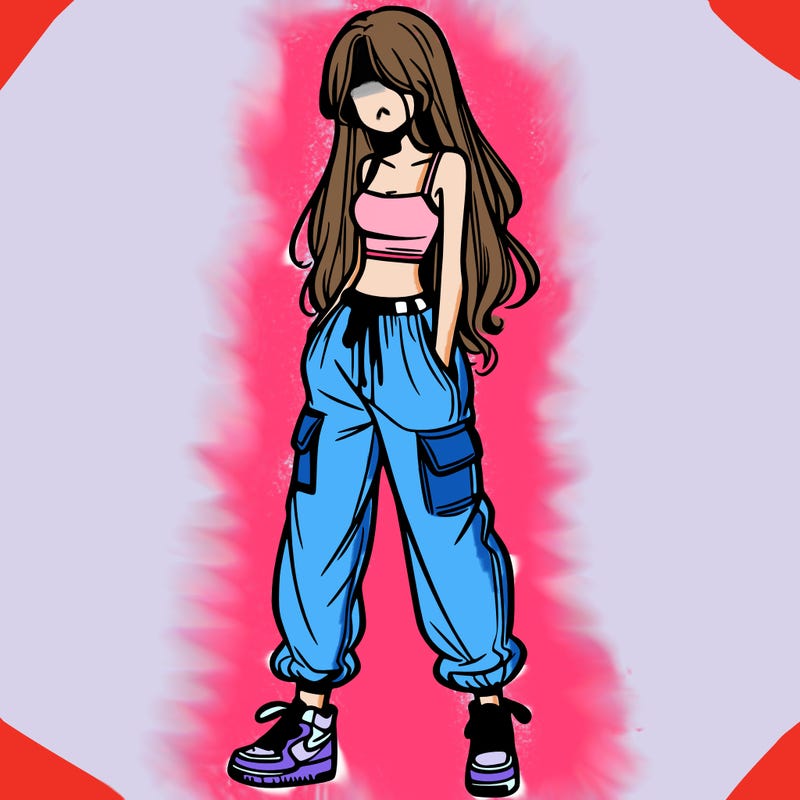 girl in baggy pants crop top and long hair