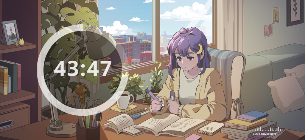An anime girl studying at a cozy desk with a circular Pomodoro focus timer overlay