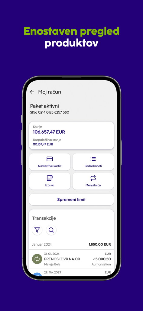 NLB Klik Slovenija - NLB Klik Slovenija mobile banking app account overview screen showing balance and transaction history