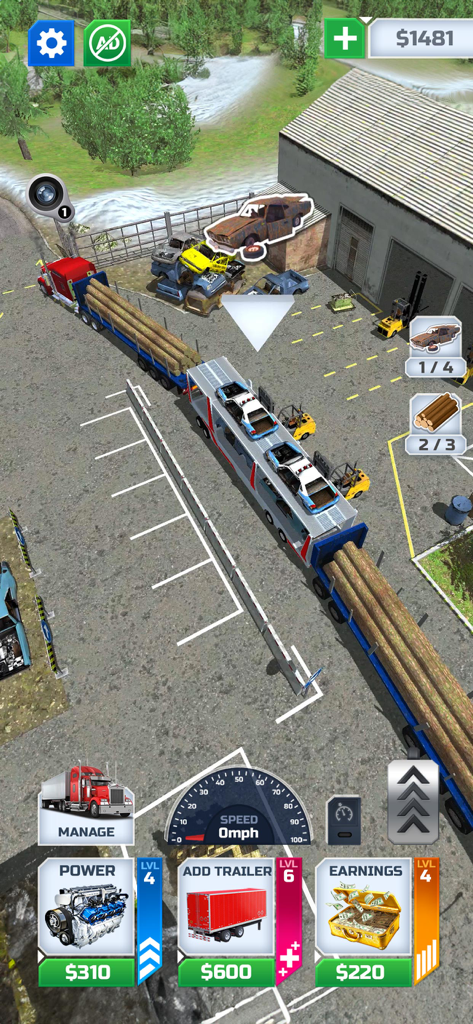 Truck Transport Simulator ! - Top down gameplay view showing a long truck hauling trailers of logs and cars in a warehouse yard