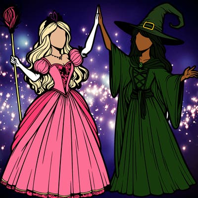 detailed realistic split of a princess and a witch