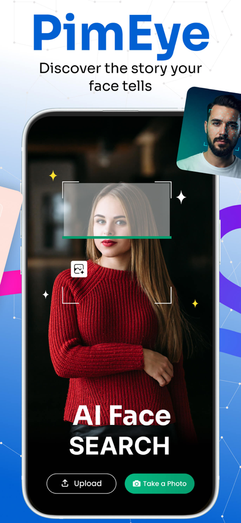 PimEyes - Similar Face Search - PimEyes mobile app interface displaying AI face search feature with scanning overlay on a photo