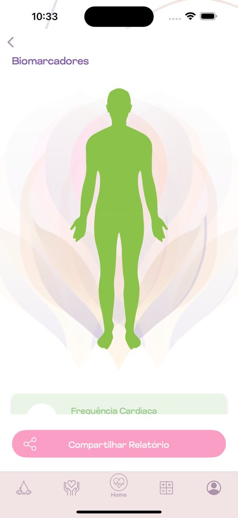 OLYA App - OLYA App health biomarkers dashboard featuring a human silhouette for heart rate and fitness tracking