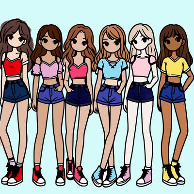 a group of girls wearing crop tops and shorts