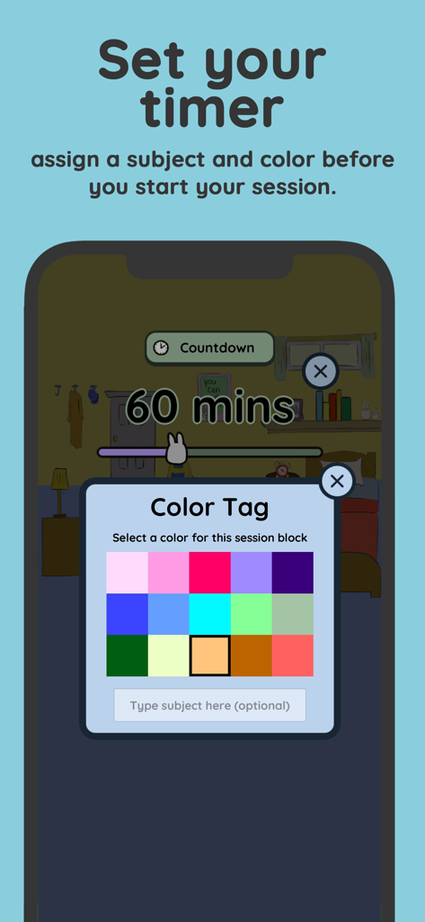 Study Bunny: Focus Timer - Interfaccia che mostra come impostare un timer di studio di 60 minuti con etichette di colore per materia in Study Bunny