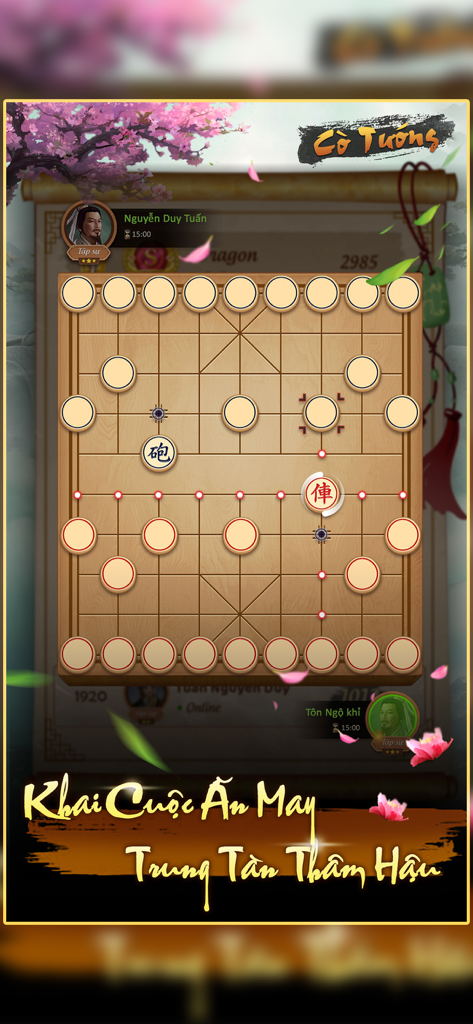 Cờ Tướng Việt Nam - Gameplay screen of Vietnamese Mystery Chess showing a wooden board with face-down and revealed pieces