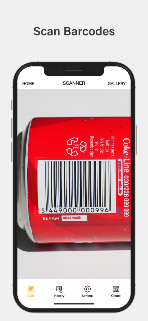 Smartphone screen showing the Barcode Scanner and Shopping app scanning a barcode on a red soda can