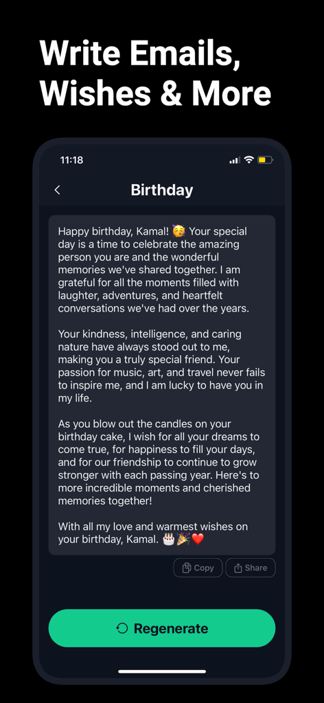 Screenshot dell'app AI Gimini che mostra un messaggio di auguri di compleanno personalizzato generato dall'IA con un pulsante rigenera.