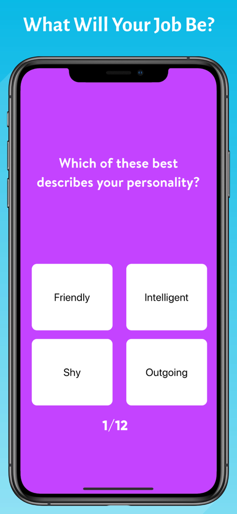 A personality quiz question screen asking which trait describes the user best with four answer buttons.