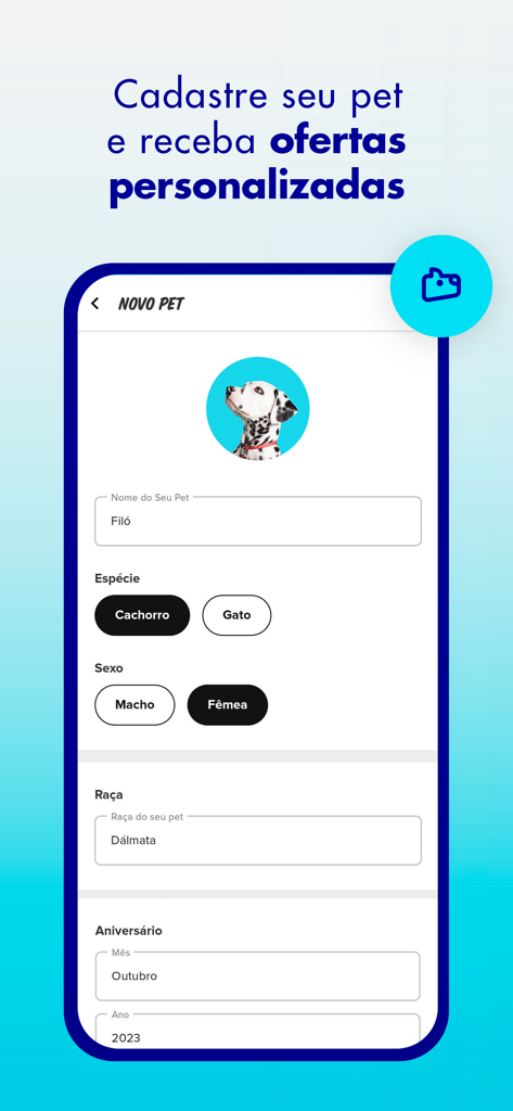 Zee.Now - Pet Shop Delivery - A mobile app screen for registering a new pet with fields for name species and breed