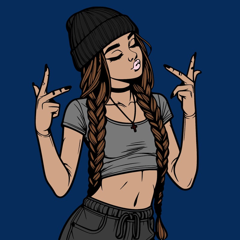 realistic teenage girl with braids and a beanie and crop top doing 🫶🏼
