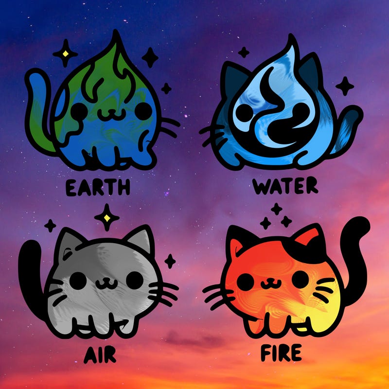 4 cats that represent the different elements, earth, water, air, and fire