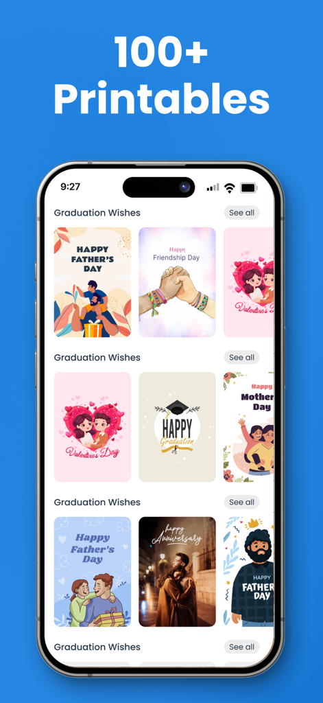 Mobile app screen displaying over one hundred printable greeting card templates for Father's Day Graduation and other holidays