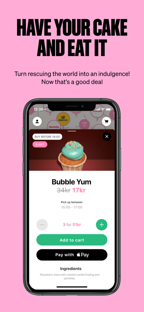 Karma - Save Food with a Tap - Karma app interface showing a discounted cupcake deal to save food from waste.