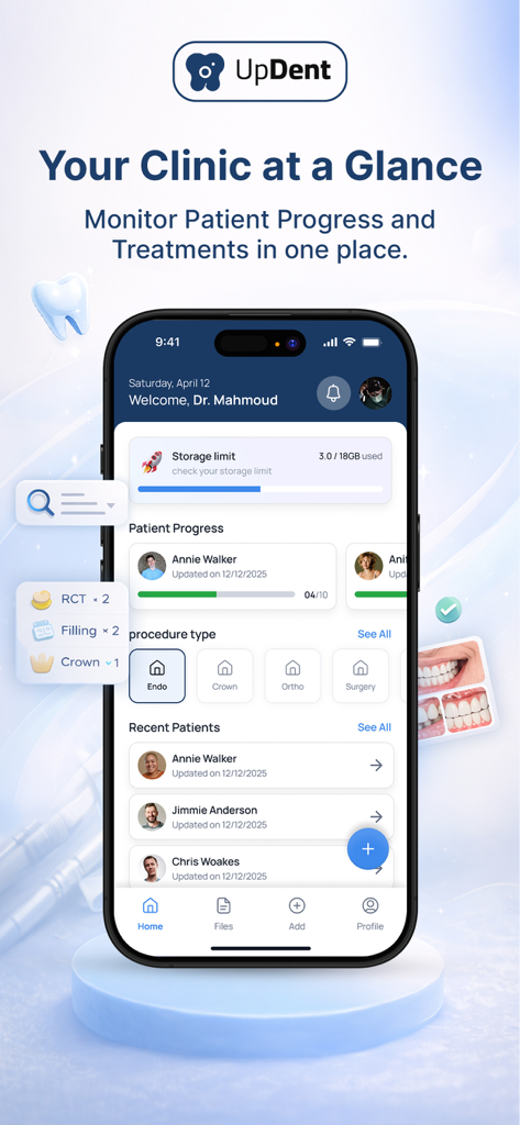 Pantalla de inicio de la aplicación móvil UpDent que muestra el progreso del paciente y las categorías de tratamiento dental.