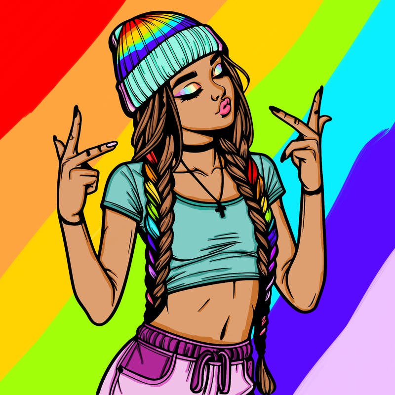 realistic teenage girl with braids and a beanie and crop top doing 🫶🏼