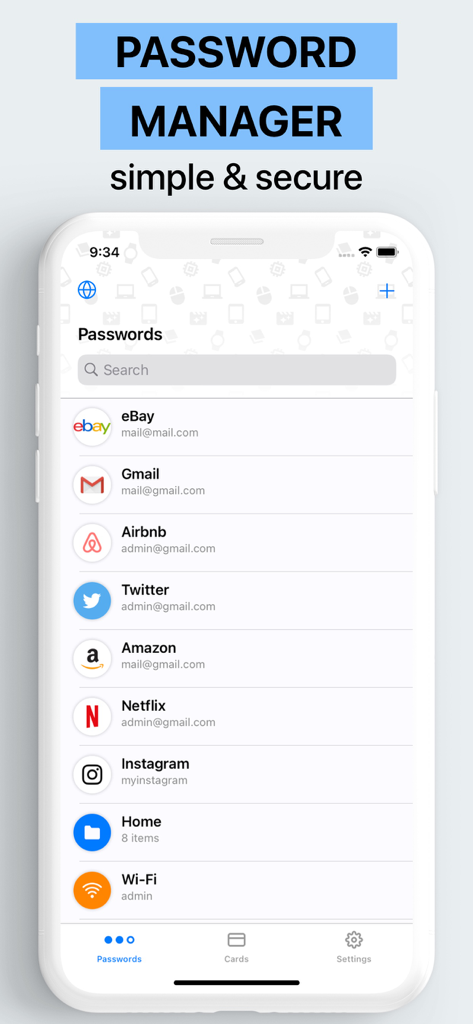 Password Manager. Login Vault - A clean iOS app interface showing a list of saved passwords for services like Gmail Amazon and Netflix