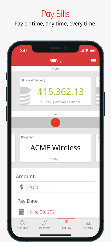 Bill pay interface in the Santander Business Banking app showing a business checking balance and recipient details.