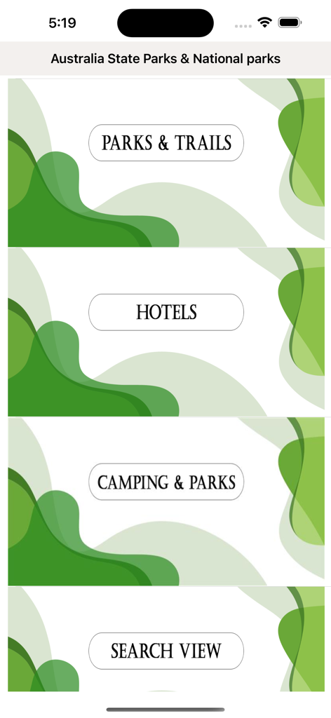 Main menu of the State and National Parks in Australia app showing navigation buttons for Parks and Trails, Hotels, Camping, and Search View.