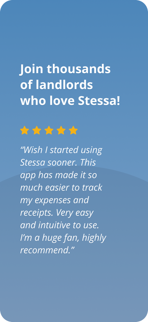 User testimonial for Stessa rental manager app highlighting easy expense and receipt tracking