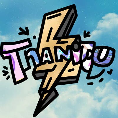 the writing “thank you” with a lightning bolt