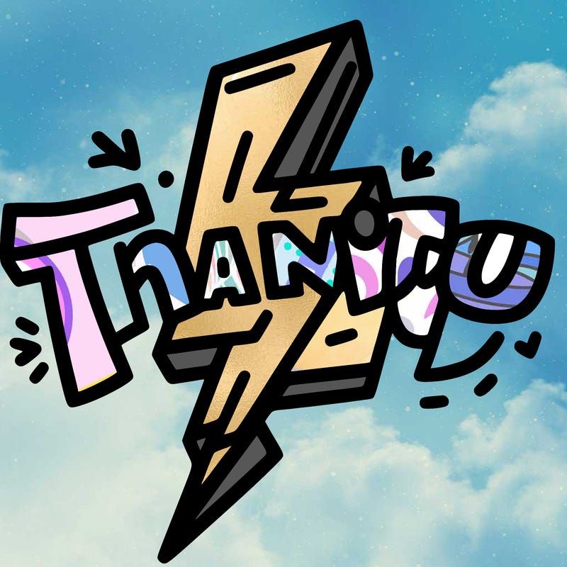 the writing “thank you” with a lightning bolt