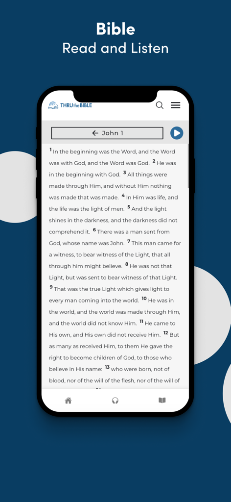 THRU the BIBLE App - A smartphone displaying the Bible text of John chapter one within the THRU the BIBLE app interface.