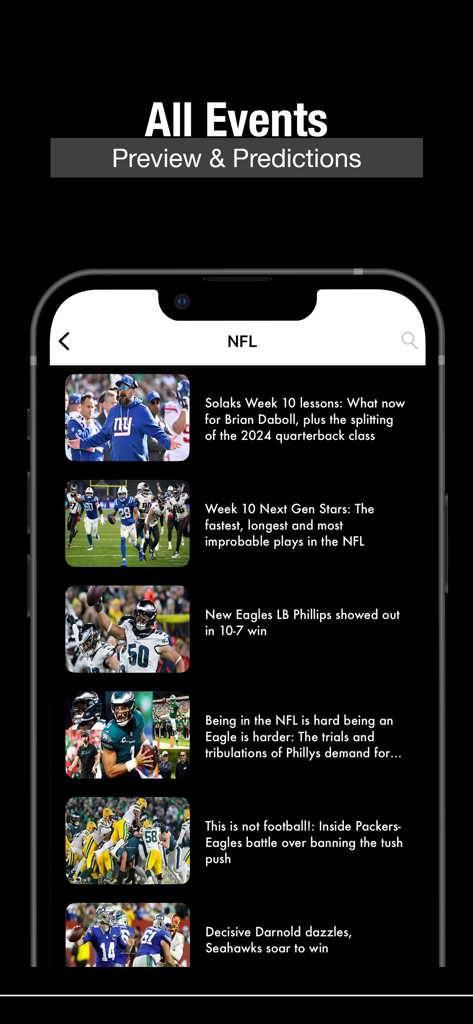 Une liste d'articles d'actualités de la NFL et d'aperçus de matchs sur l'écran d'une application mobile.