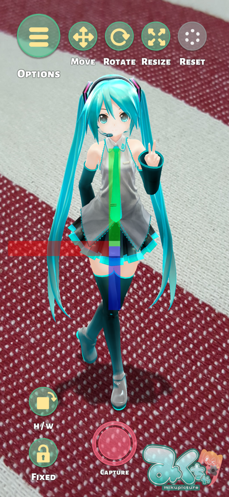 Hatsune Miku 3D model in an augmented reality camera view with editing tools