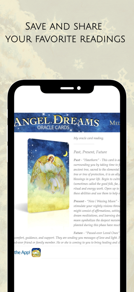 Angel Dreams Oracle Cards - Angel Dreams Oracle Cards App-Oberfläche zeigt eine Leseoption für Vergangenheit, Gegenwart und Zukunft auf einem mobilen Gerät