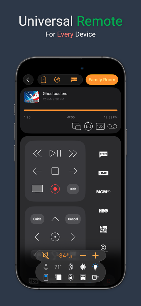 Roomie Remote X app interface on iPhone showing media playback controls and channel selection for a home theater setup.
