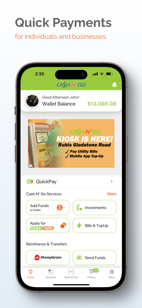 Panel de la billetera móvil Cash N GO que muestra el saldo de la cuenta y opciones de servicios financieros como pago de facturas y transferencias de MoneyGram