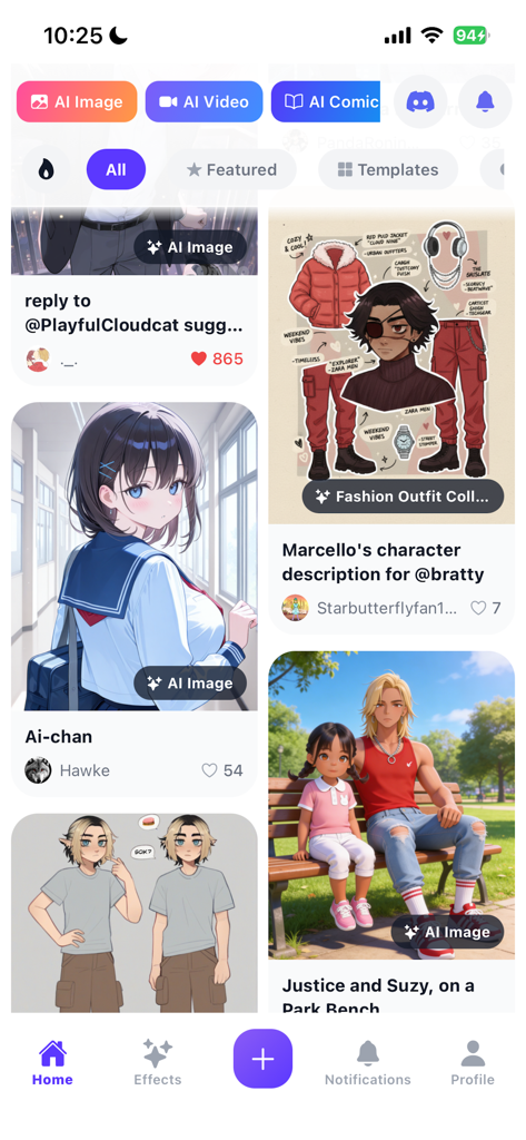 Komiko: AI Anime Generator - The home feed of the Komiko app displaying a gallery of AI-generated anime characters and original character designs