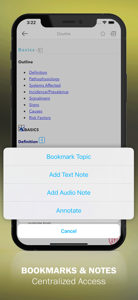 Interface of the 5 Min Vet Consult Equine Med app displaying options to bookmark topics and add text or audio notes.