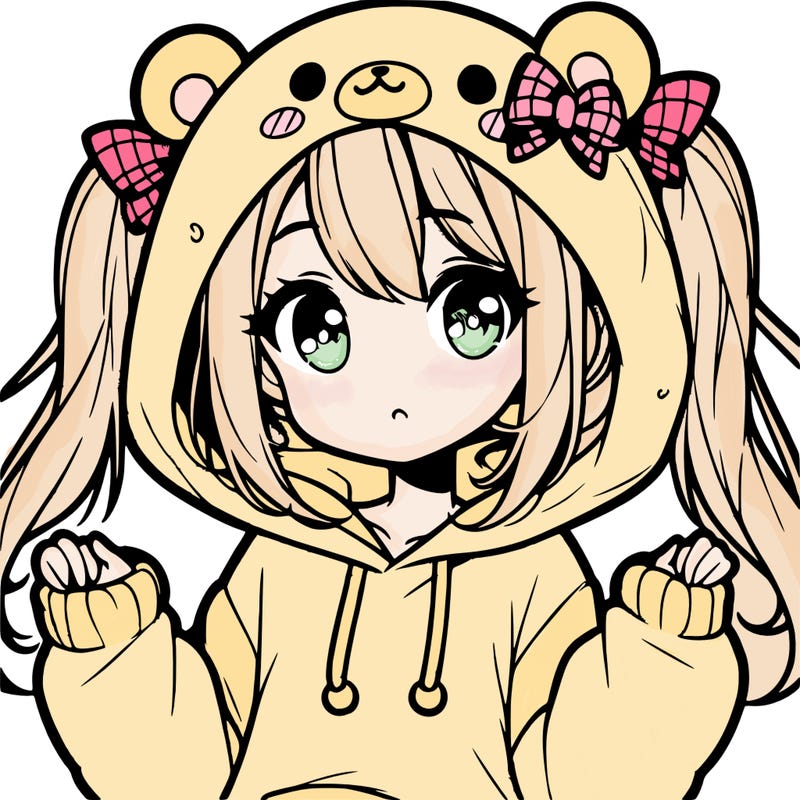 cute anime girl with ponytails and a cute bear hoodie