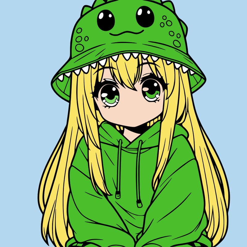 girl with anime shaped eyes with a dinosaur bucket hat oversized sweatshirt long straight hair