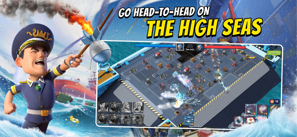 Un oficial naval con una bengala junto a una batalla estratégica de buques de guerra en la cubierta de un barco en Boom Beach.