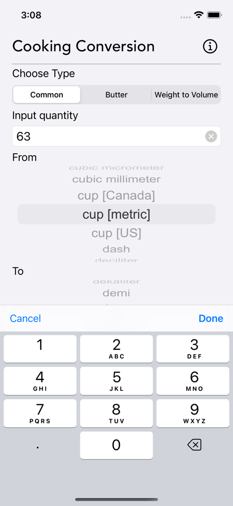 Interfaz de la aplicación Conversión de Cocina que muestra un campo de entrada de cantidad y una rueda de selección de unidades para tazas métricas