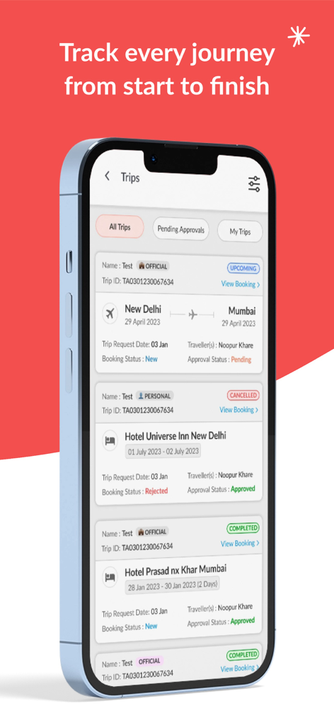 Yatra for Business - フライトとホテルの詳細を含むYatra for Businessアプリの出張管理インターフェースを表示するスマートフォン