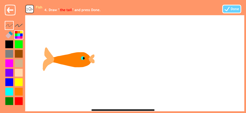Drawing to Animation for Kids - A child drawing an orange fish in the Drawing to Animation for Kids app