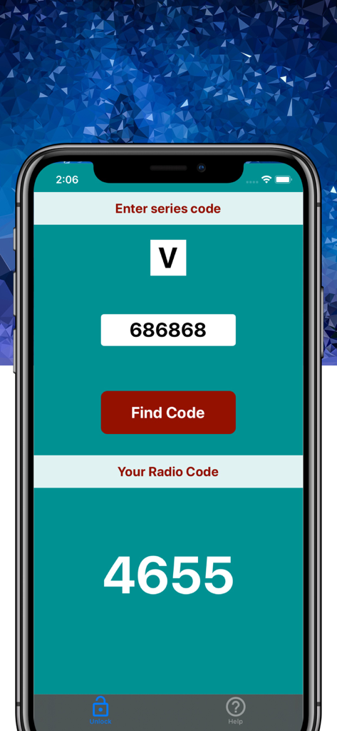 Radio Code for Ford V Series - Captura de pantalla de la aplicación calculadora de códigos de radio Ford Serie V que muestra un código de desbloqueo generado para un estéreo de vehículo