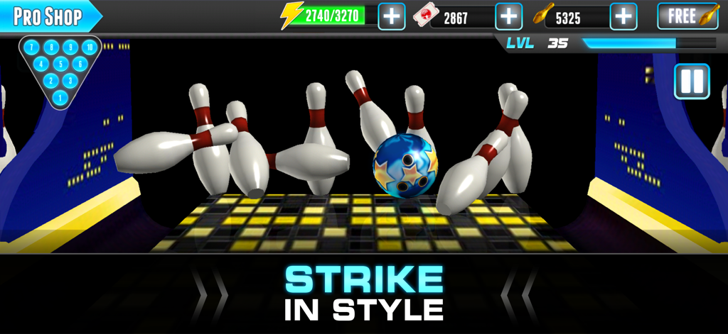 PBA® Bowling Challenge - A star patterned bowling ball knocking down pins for a strike in PBA Bowling Challenge.