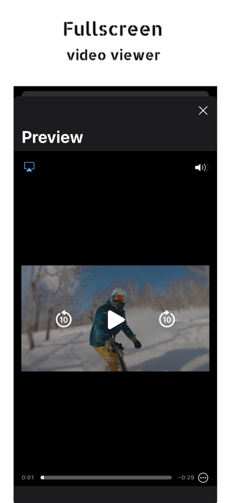 Fullscreen video preview interface showing a snowboarding video compilation.