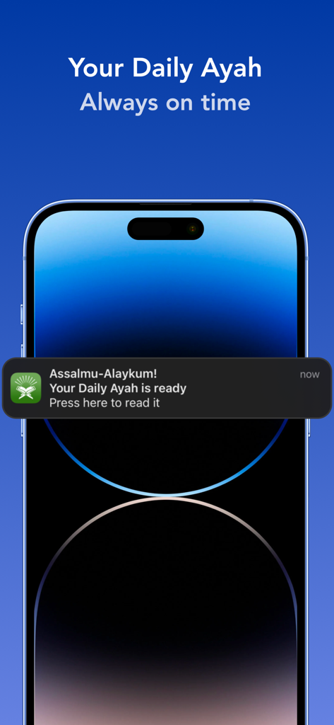 Pantalla de iPhone mostrando una notificación diaria de ayah de la aplicación Noor del Corán