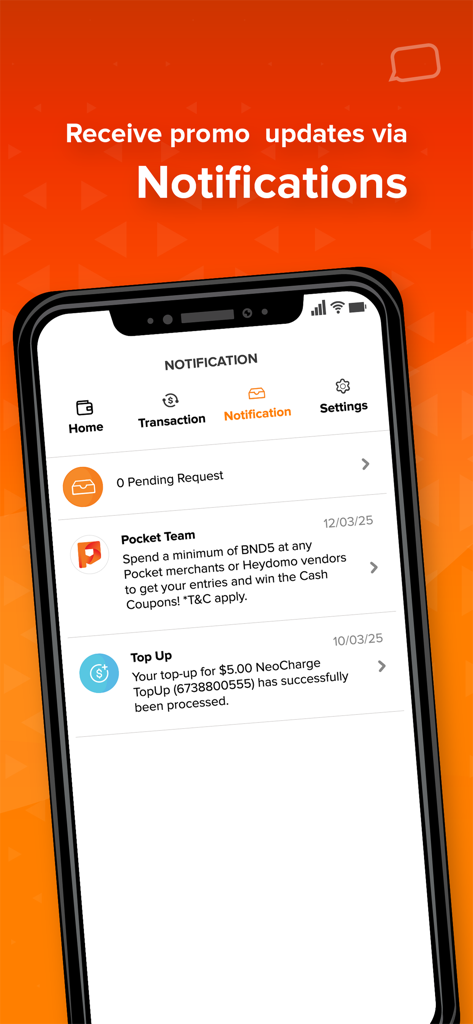 Pocket app notification screen showing promo updates and transaction alerts