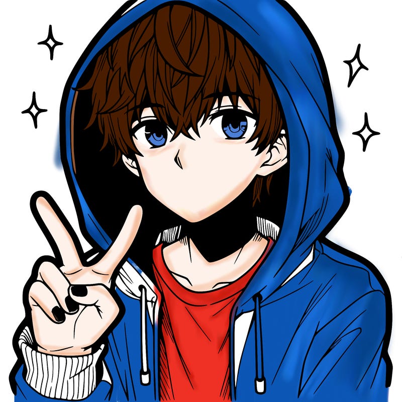 teenage manga boy in a hoodie, doing ✌