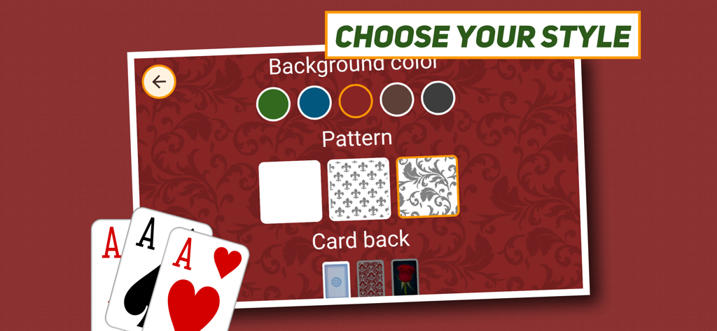 A customization menu in Spider Solitaire Classic showing options for background colors patterns and card backs