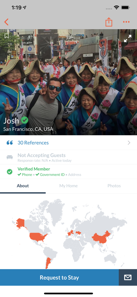 A user profile page in the Couchsurfing app showing a world map of visited countries and traveler references